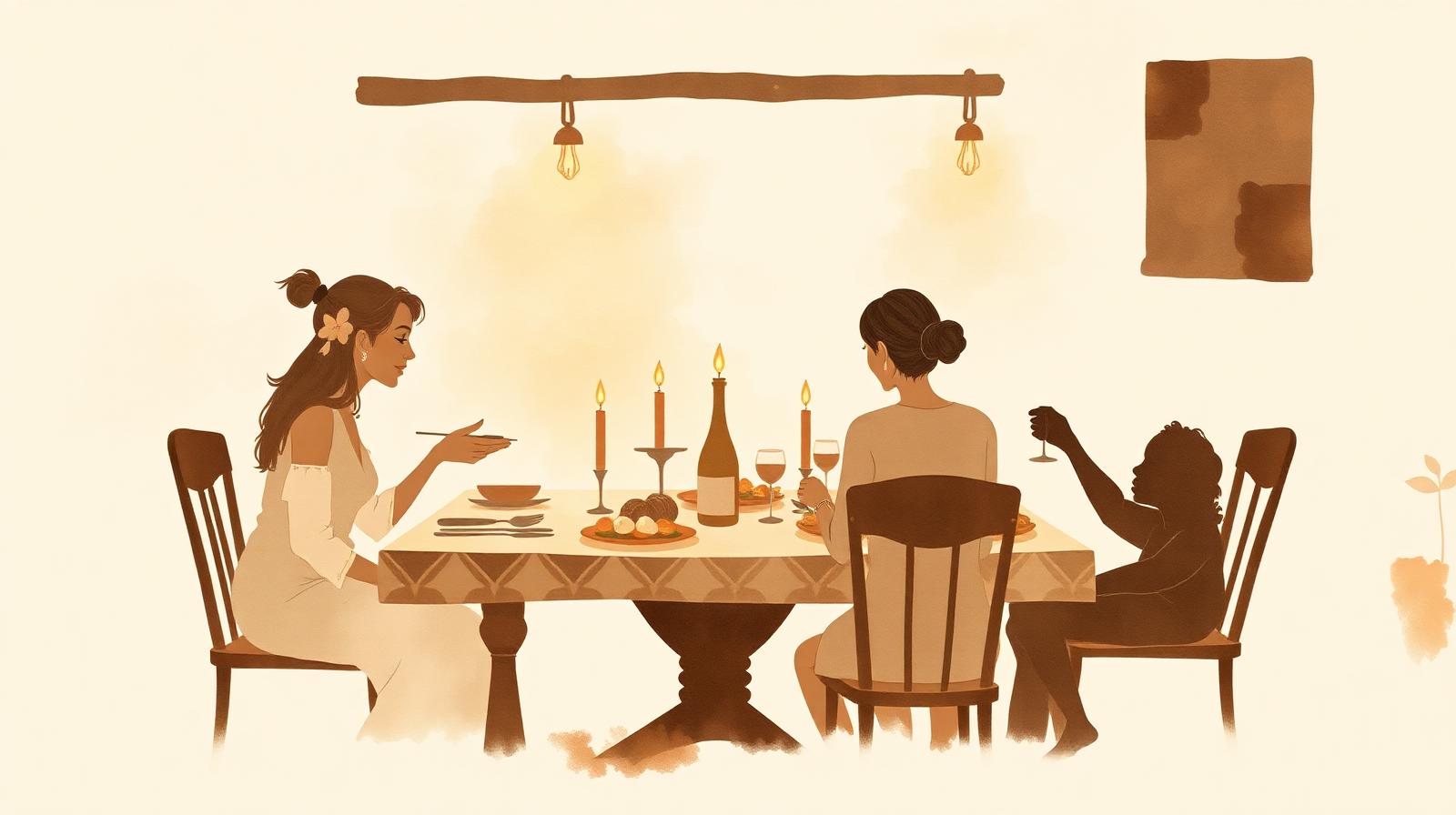 Stilisierte Illustration einer Familie am gedeckten Tisch – Platzhalter, bis ein echtes Familienfoto verfügbar ist